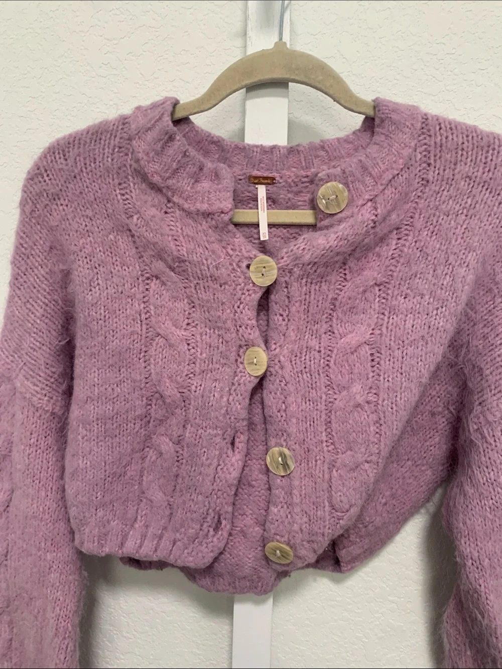 Free People Willow Lavender Cropped Cable-Knit Button Cardigan Sweater
